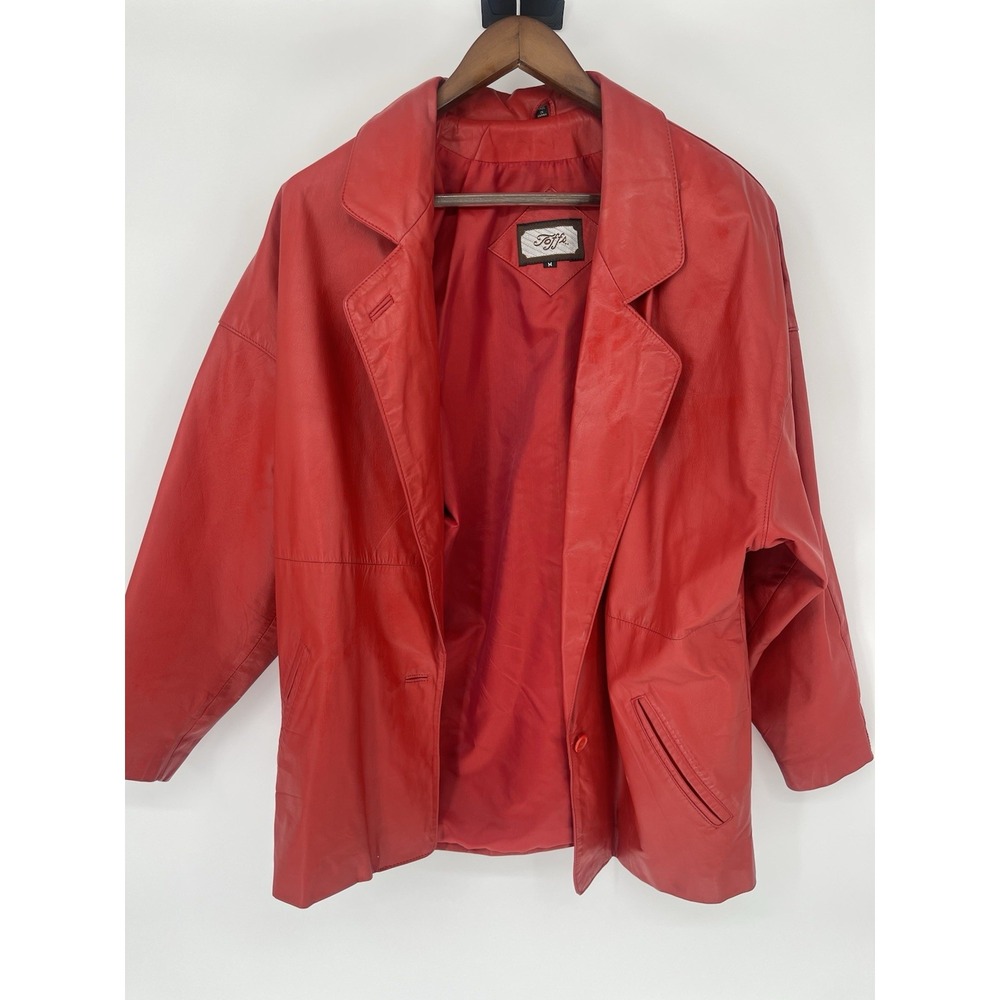 Toffs Vintage Jacket 1980's Red Leather Collared Button Shoulder Pads Lined Sz M